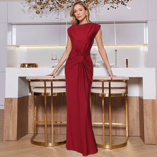 long gown dress women red evening party dress 欧美风长裙女装