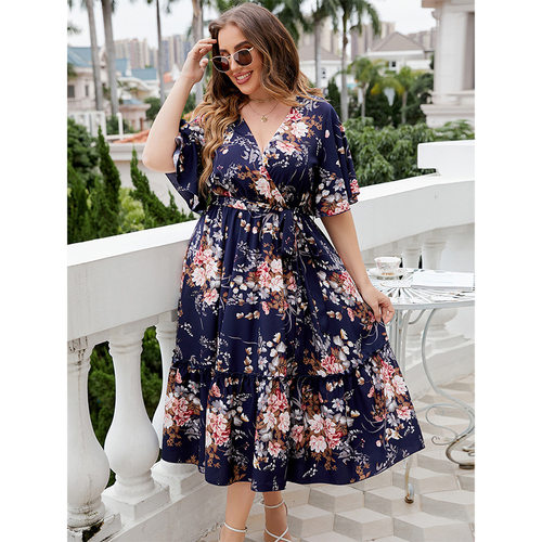 欧美风夏季女装印花大码连衣裙 plus size women dresses summer