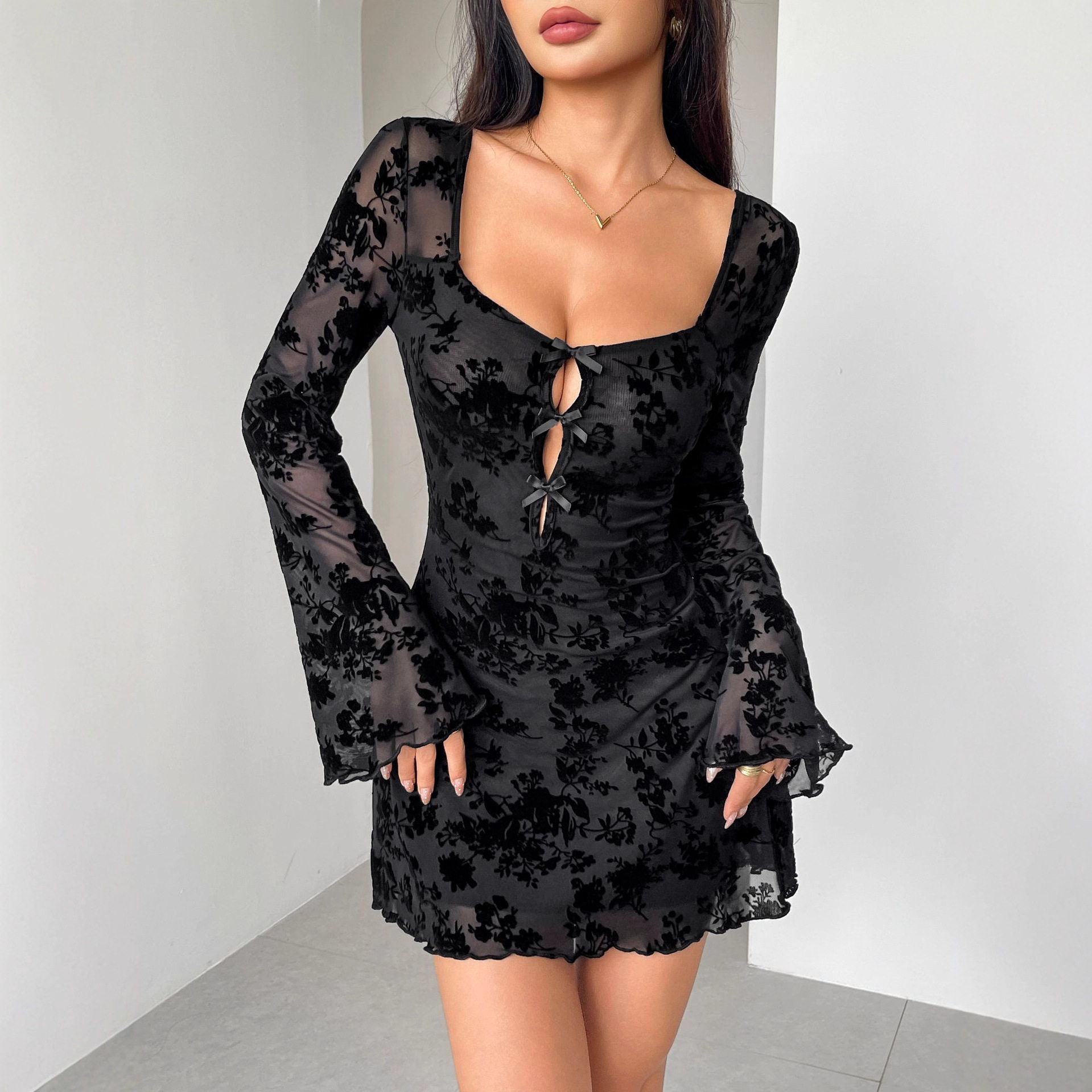 sexy party dress new fashion women dresses long sleeve black图片