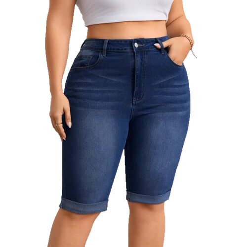 欧美大码水洗蓝弹力牛仔五分裤中腰显瘦卷边中裤 plus size jeans