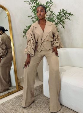 欧美通勤休闲大翻领褶皱袖子西裤两件 autumn clothes women suit