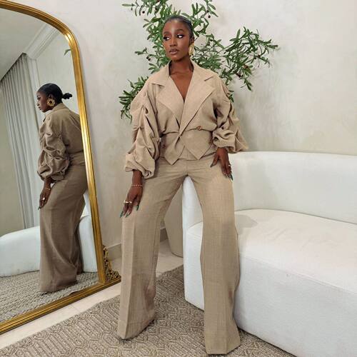 欧美通勤休闲大翻领褶皱袖子西裤两件 autumn clothes women suit