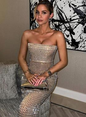 os7032跨境欧美速卖通女装时尚烫钻性感抹胸紧身包臀修身长裙