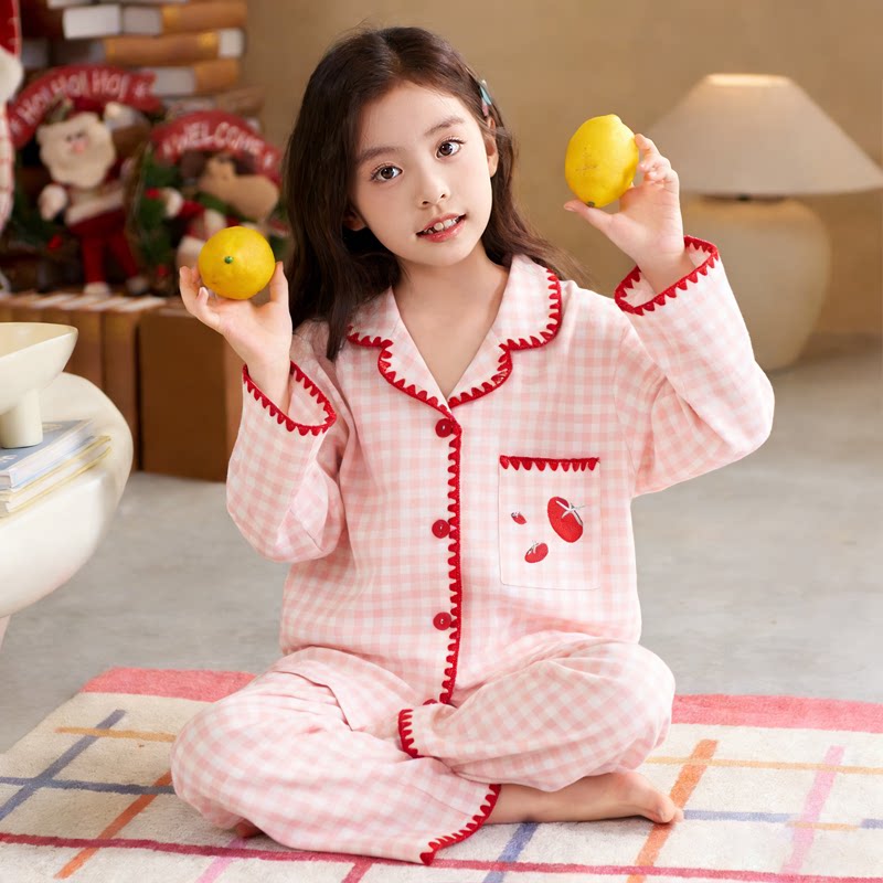 春夏季新款云朵棉女童睡衣长袖开衫格子家居服女中大童套装初中生