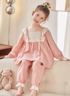 儿童新款洋气长袖裤睡衣蝴蝶结公主家居服可外穿女孩中大童家居服