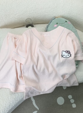 甜美可爱Hello Kitty卡通睡衣女夏季V领卡通短袖裤套头家居服套装