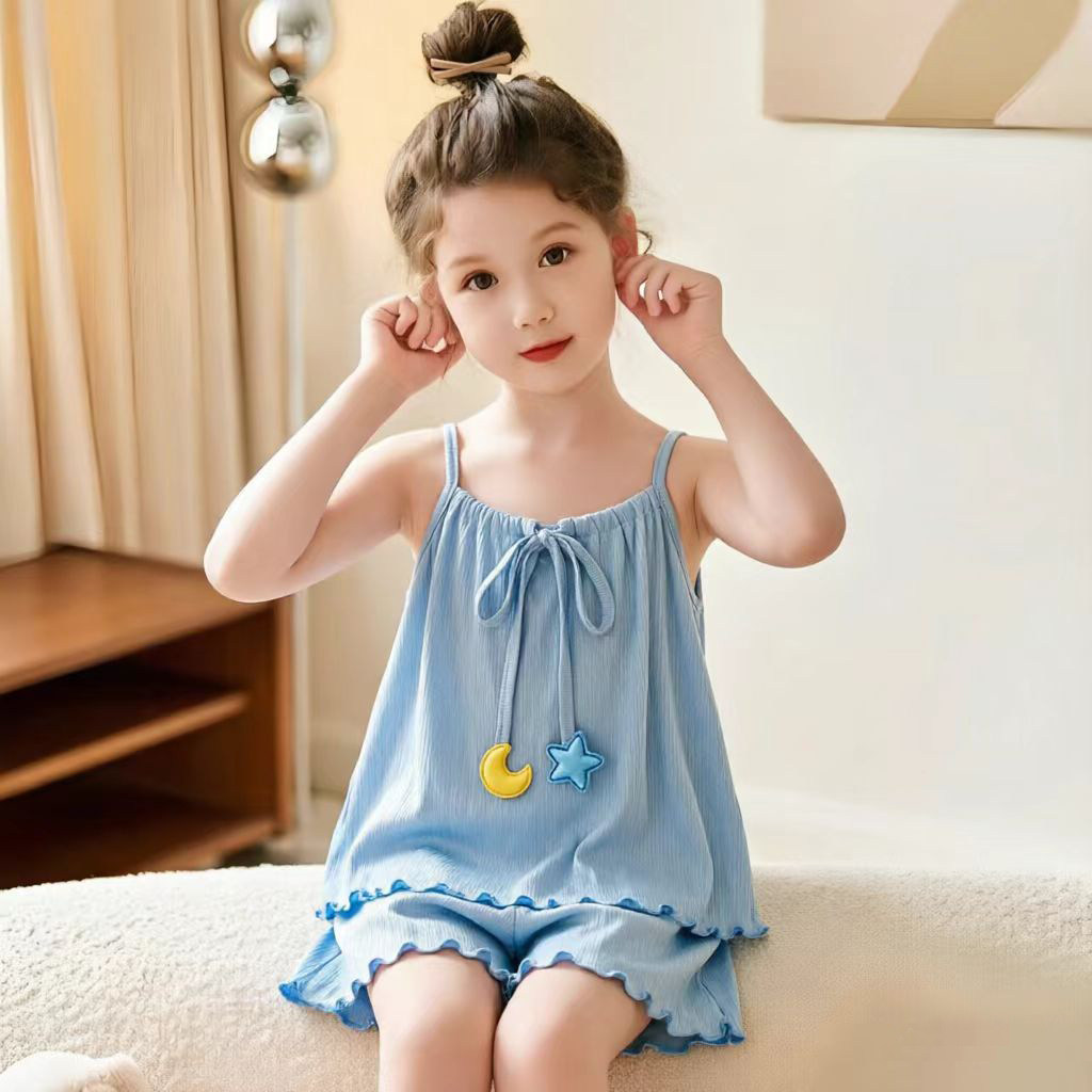 儿童亲子甜美几何星月吊带睡衣女童夏季莫代尔家居服女童套装薄款