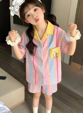 新款多巴胺夏季儿童睡衣女童薄款中大童女孩子学生卡通家居服套装
