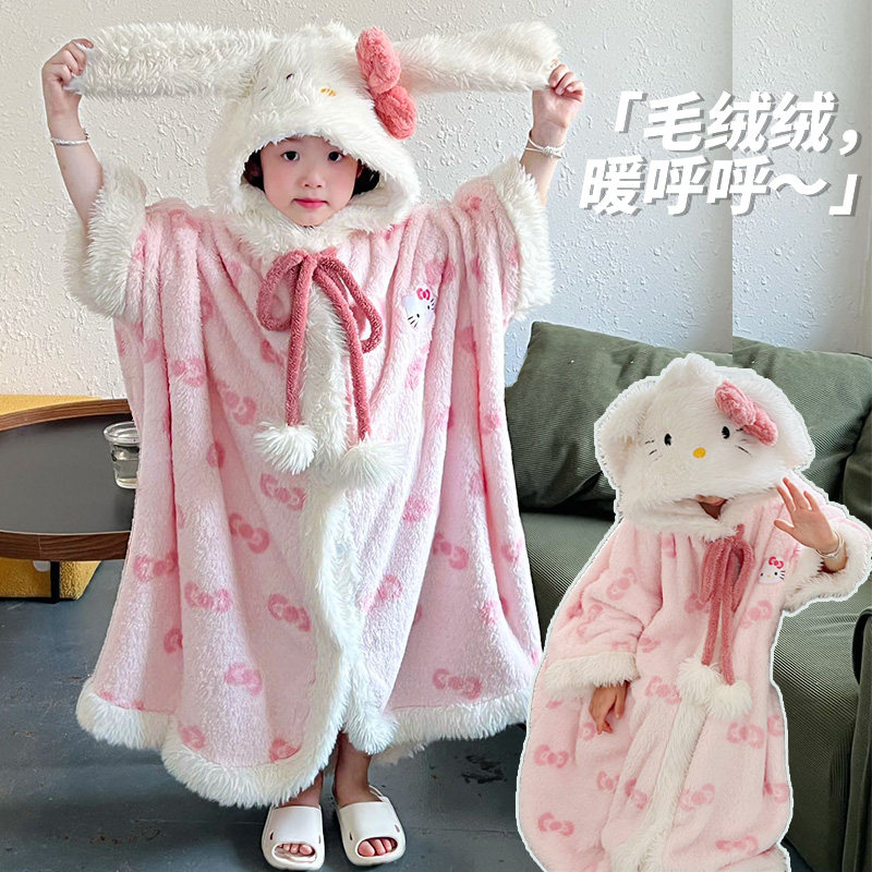亲子母女可爱卡通猫连帽珊瑚绒睡袍女童冬季加绒加厚保暖女家居服
