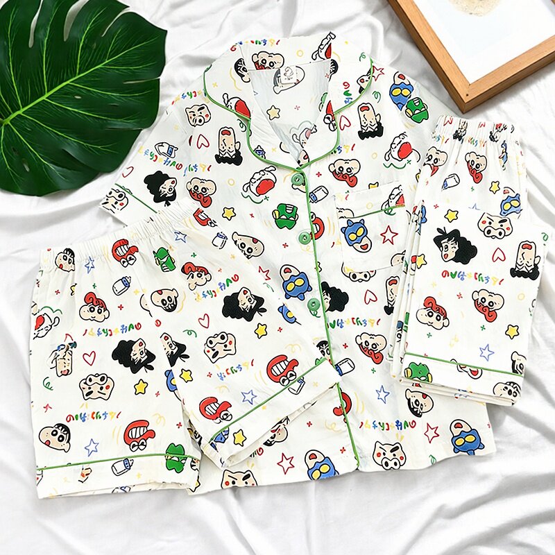 儿童卡通蜡笔小新家居服三件套男童春夏季云朵棉短袖短裤长裤睡衣