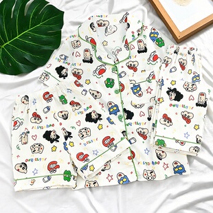 儿童卡通蜡笔小新家居服三件套男童春夏季云朵棉短袖短裤长裤睡衣