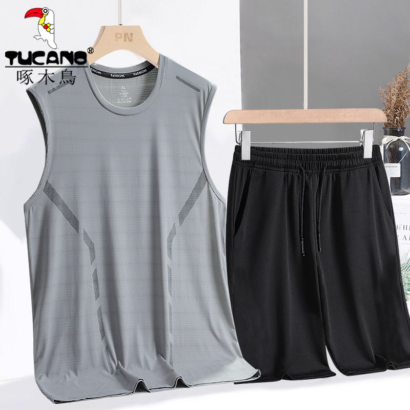 啄木鸟背心短裤运动套装男士夏季薄款宽松速干跑步休闲运动服男