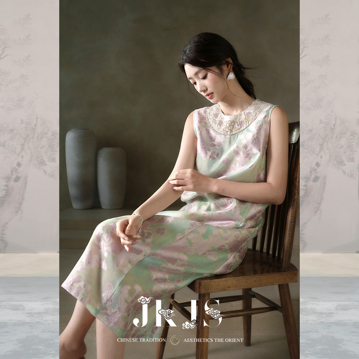 JKJS【青棠鎏】人丝金皮剪花新中式连衣裙无袖长裙2026夏新款裙子