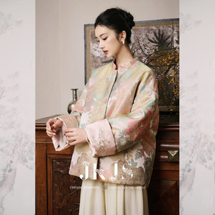 烟花漫 冬装 两面穿 人丝混纺外套新中式 棉服 缎感提花棉衣 JKJS