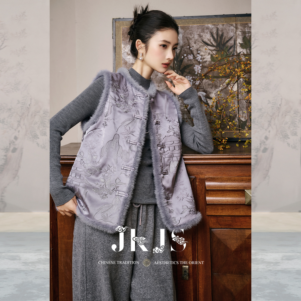 JKJS 水貂毛 国风新中式棉马甲外穿冬季夹棉外套对襟上衣刺绣马夹