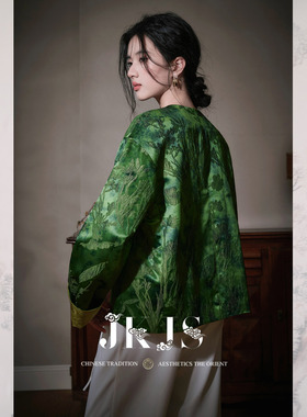 JKJS两面穿 竹节盘扣 肌理提花新中式外套设计感秋冬绿色国风上衣