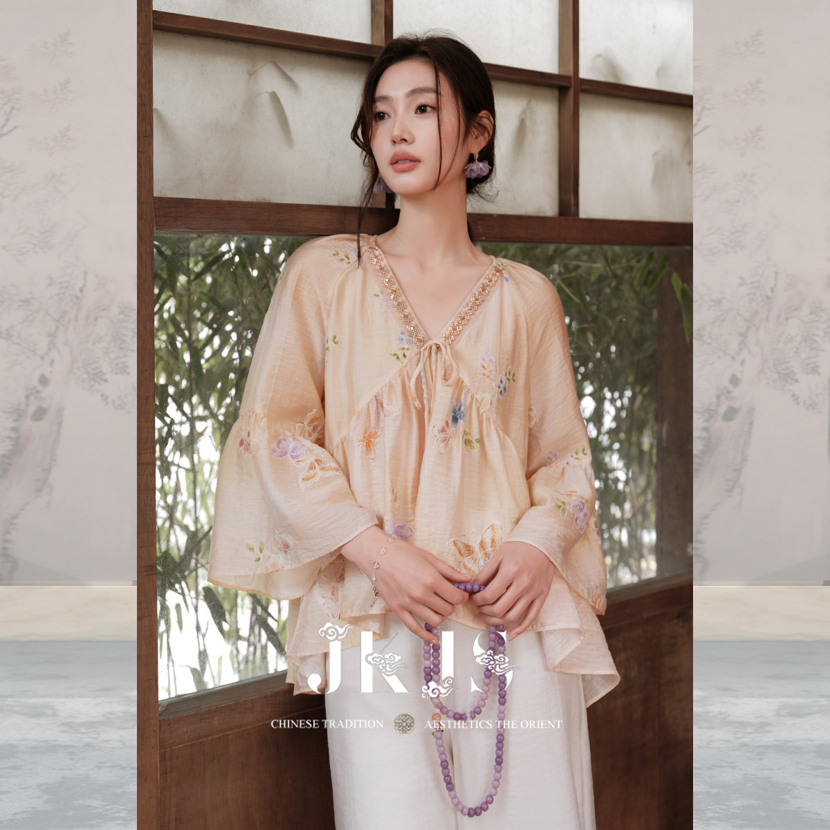 JKJS【花漫序】新中式V领天丝绣花喇叭袖上衣女款小个子穿搭衬衫