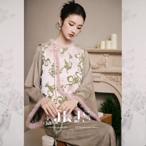 JKJS【溪岚尚】漳绒缎 水貂毛拼接 斜襟上衣新中式改良国风棉马甲