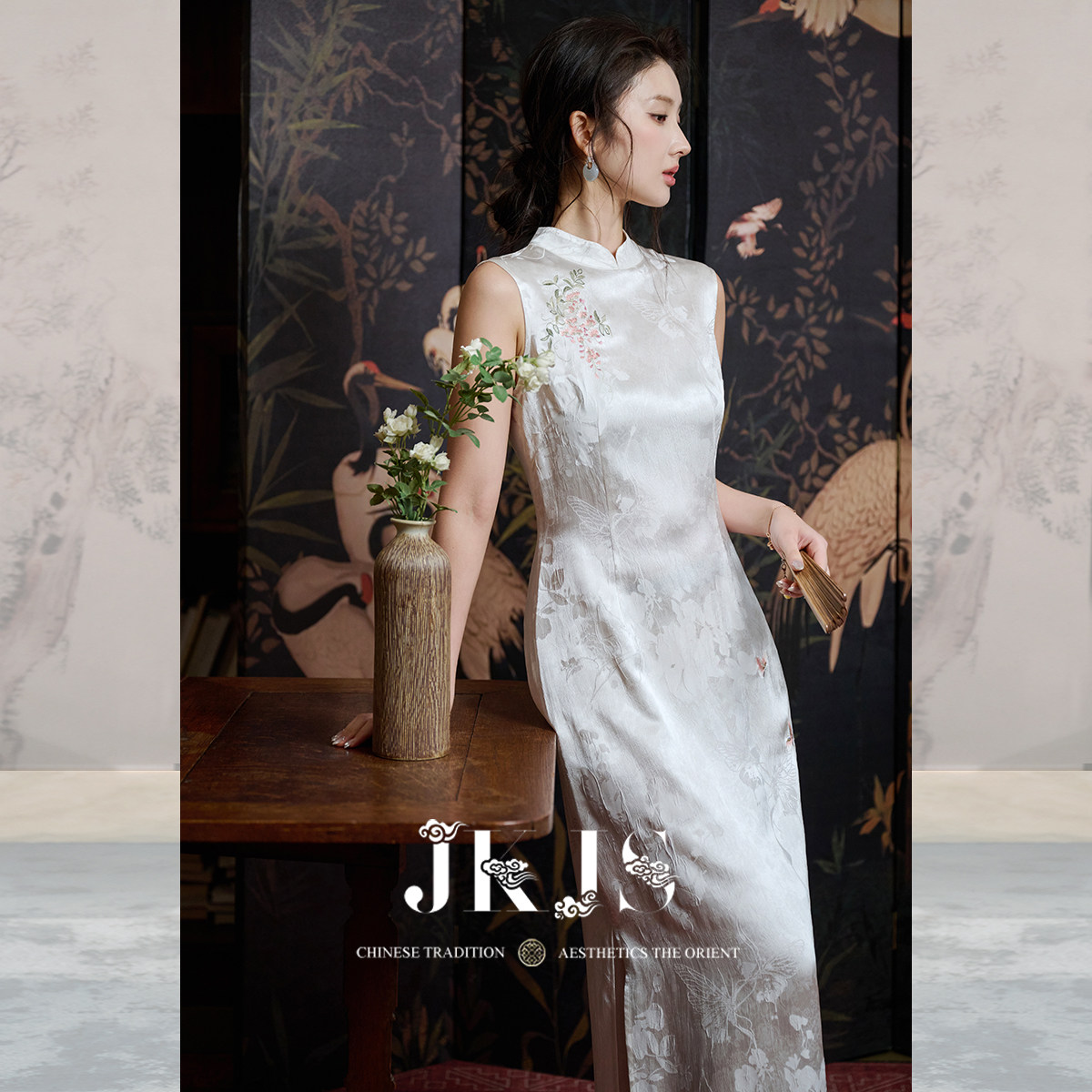 JKJS【藤花序】新中式人丝提花刺绣连衣裙女款立领盘扣改良旗袍裙