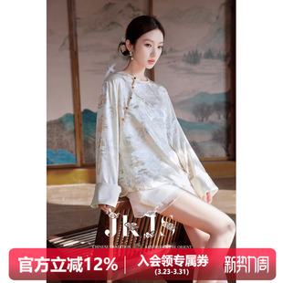 新中式 盘扣衬衫 短裤 JKJS 新款 缎面印花 夏季 国风上衣 小重山