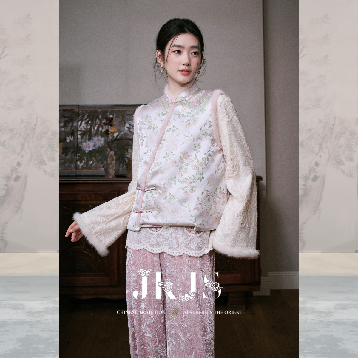 JKJS金丝提花马甲斜襟上衣