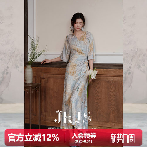 JKJS新中式复古人丝麻印花连衣裙