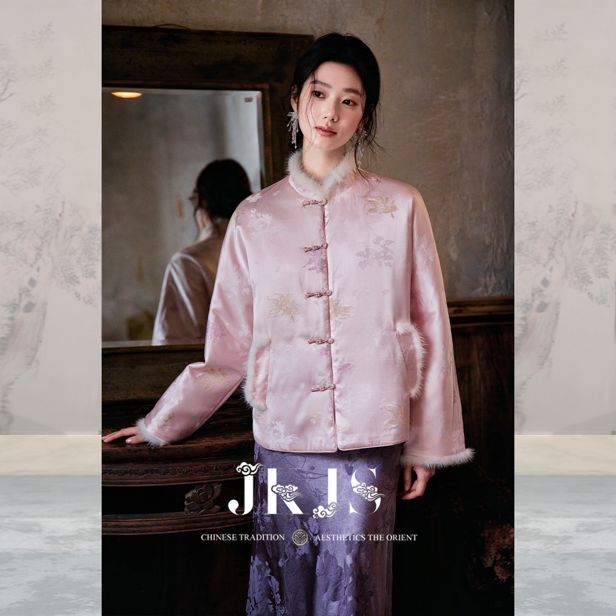 JKJS人丝金丝交织提花夹棉外套