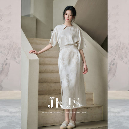 JKJS【花清梦】人丝亚麻新中式连衣裙收腰夏季开叉旗袍女气质长裙