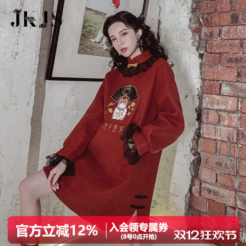 旗袍女冬2022年新款年轻款少女冬款加厚炸街国潮女装中国风连衣裙