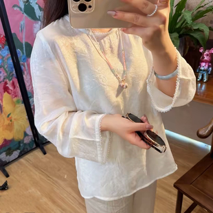 【百搭小衫】春秋季新中式天丝麻提花钉珠纯色圆领长袖衬衫女气质