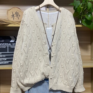 春季新款女装棉麻开衫镂空毛衣外套女宽松文艺长袖纯色圆领针织衫
