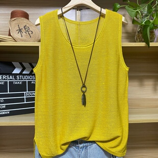 上衣 针织内搭宽松百搭套头打底衫 背心吊带女夏季 亚麻纯色圆领无袖