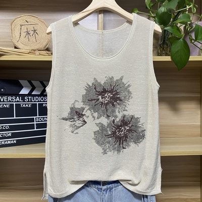 夏季背心亚麻无袖印花背心吊带女