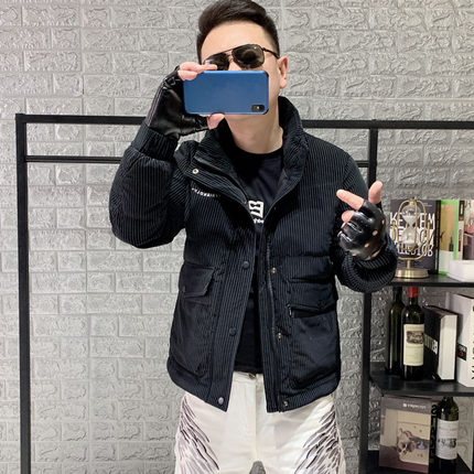 2024新款皮羽绒服修身立领白鸭绒棉衣男条纹加厚外套潮男装棉服冬