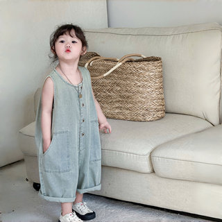 儿童裤子韩国女童复古牛仔连体裤2025夏季新品宝宝洋气无袖背带裤
