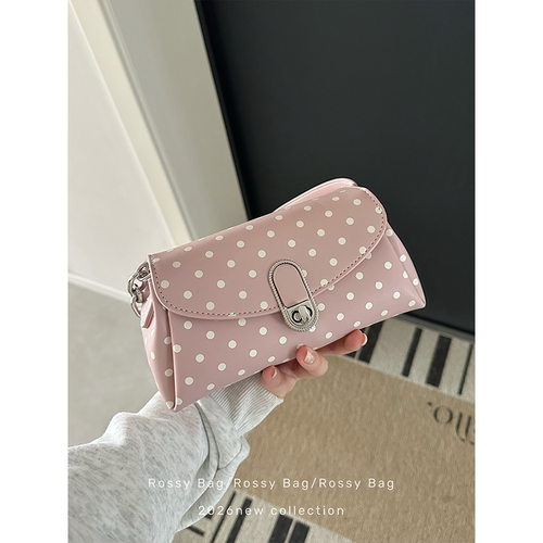 ROSSY BAG 波点粉圆筒包 小众百搭休闲单肩包包女链条通勤简约