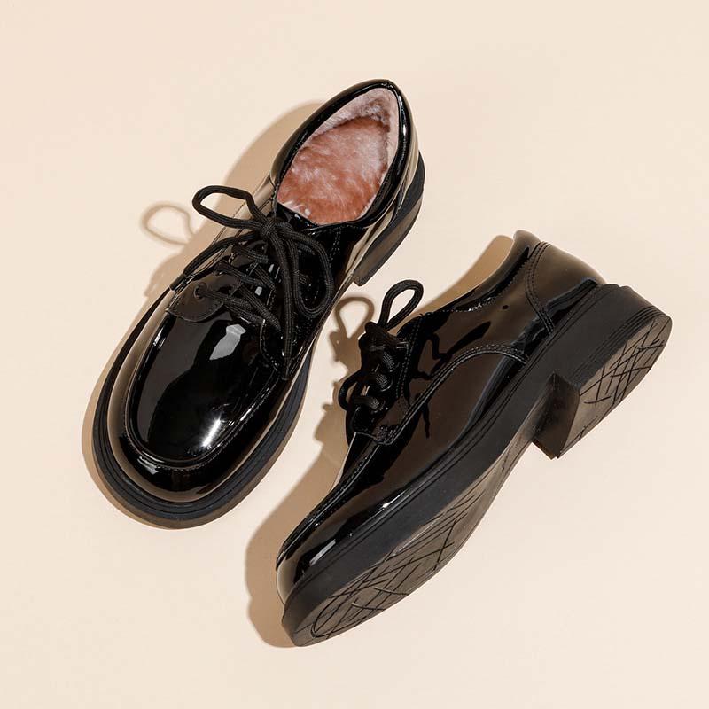 圆头粗跟单鞋乐福鞋女系带小皮鞋