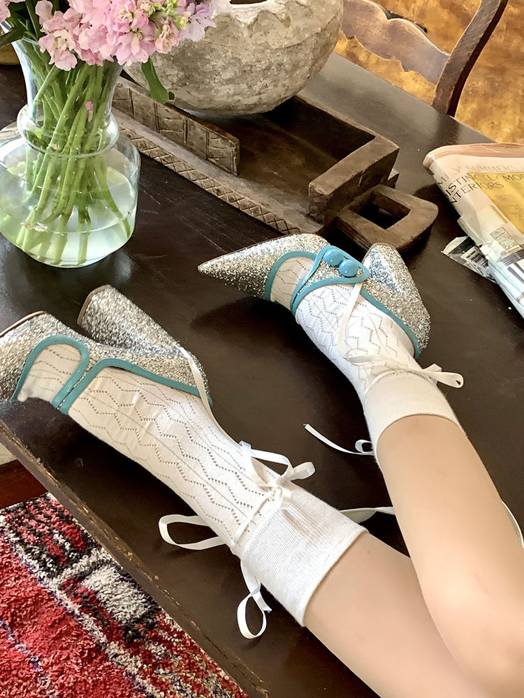 cnorahk 小众蝴蝶结交叉绑带jk芭蕾风白色甜美绑腿夏季玛丽珍袜子