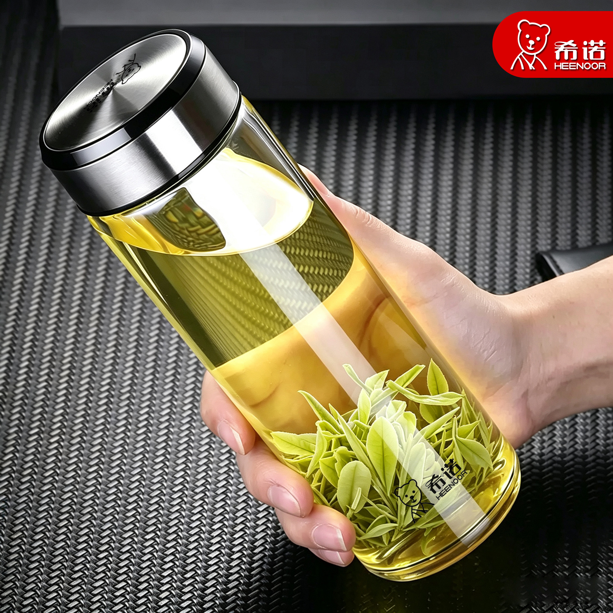 单层加厚便携带盖透明玻璃杯图片