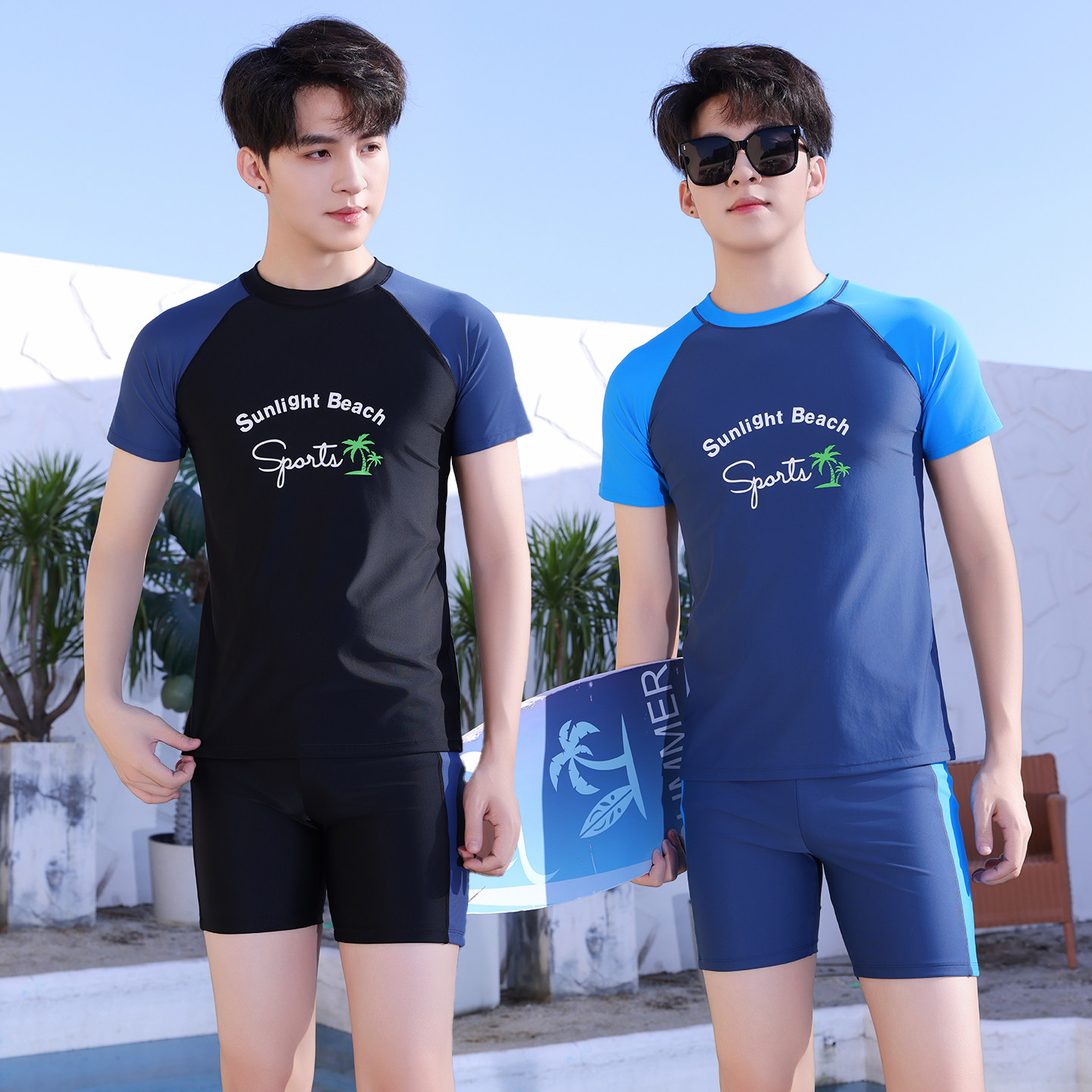 新款男式分体短袖上衣平角裤防尴尬速干专业训练温泉男士泳衣套装