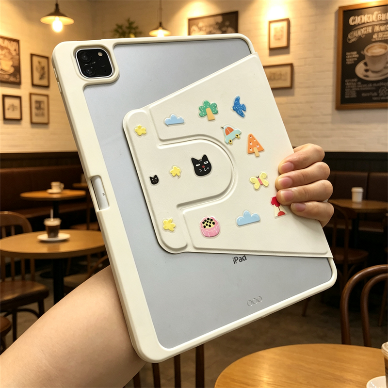 插画小黑猫360度旋转iPad11保护套可爱A16笔槽2026款第10代Air654适用M234苹果10.2寸9.7防摔iapad九代平板壳