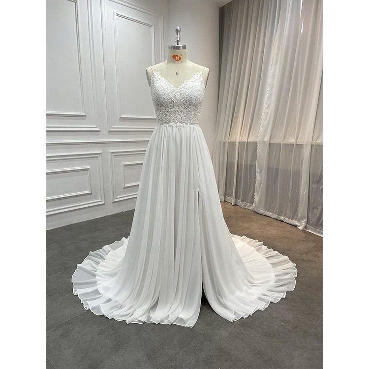 wholesale chiffon beaded lace applique side slit white simpl