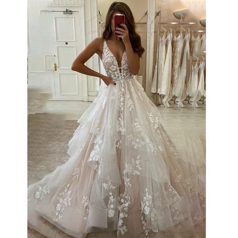a-line princess tulle v-neck sleeveless applique sweep brush