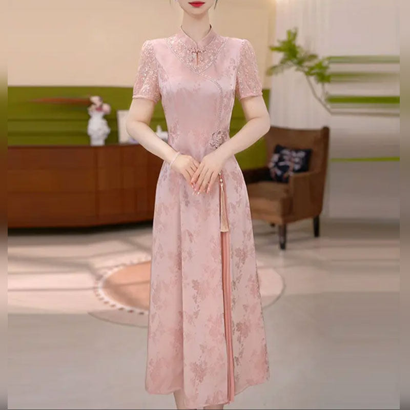 曼芬粉色印花改良旗袍洋装女2026新款夏收腰气质国风拼接a字裙