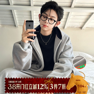 男童加绒外套2025秋冬季新款中大童男孩冬季开衫连帽卫衣套装潮牌