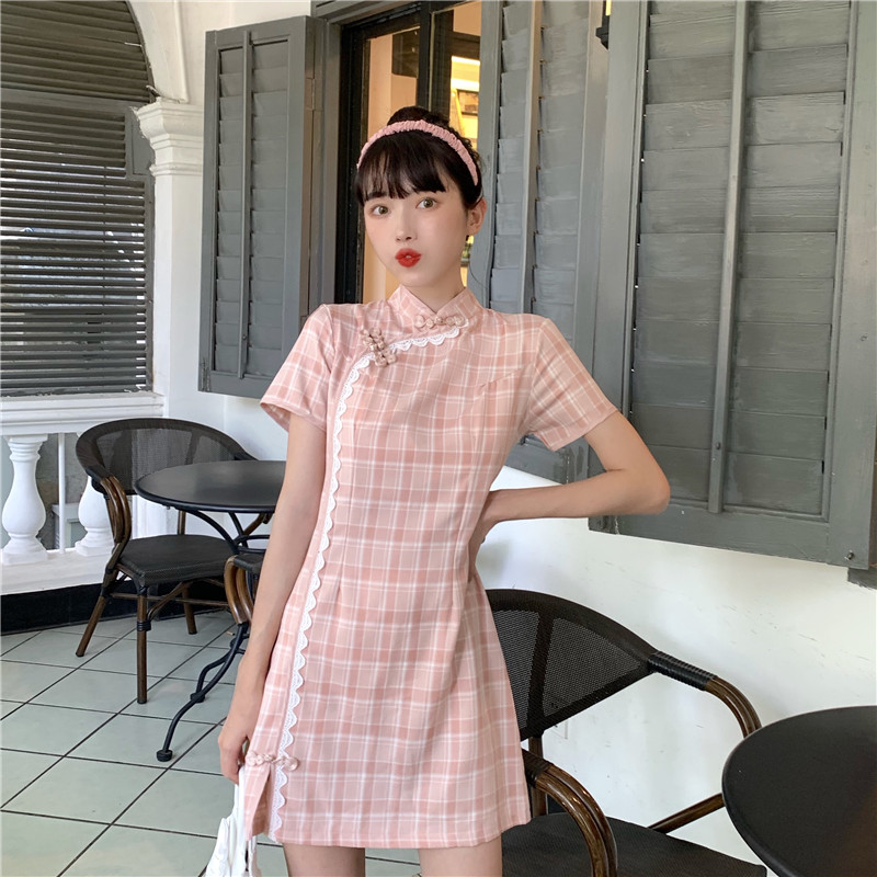 Small retro improved cheongsam Plaid collar buckle short sleeve slim dress real price