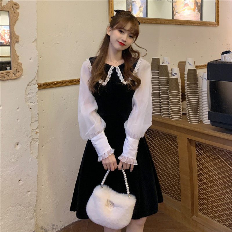 Spring velvet stitching dress women's autumn and winter sweet retro contrast dress real price