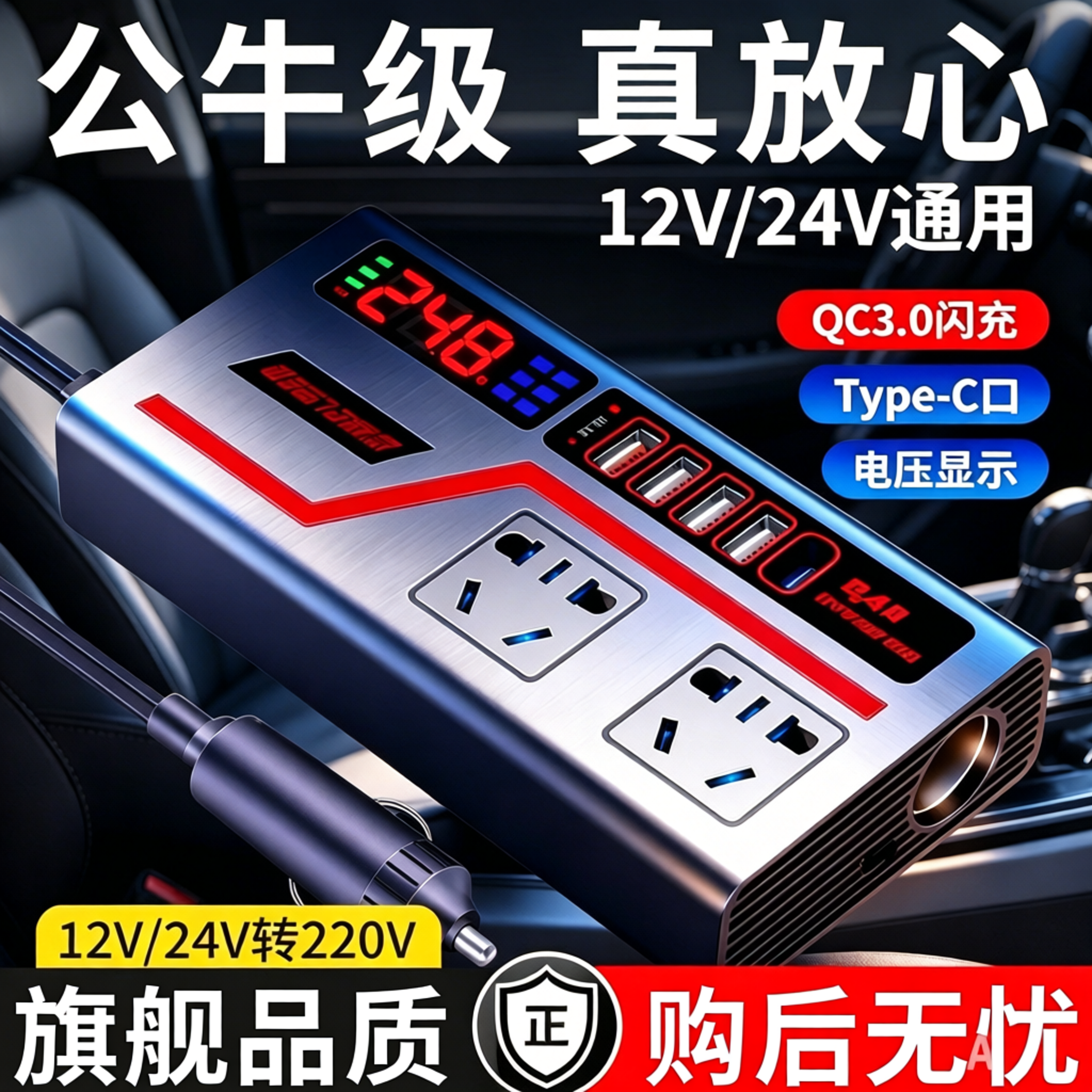 车载逆变器12V24V转220V通用多功能汽车充电器智能数显转换插座