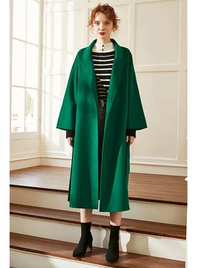 全织时代 2025凤尾咬鹃绿 重磅水波纹中长款双面羊毛羊绒大衣女秋