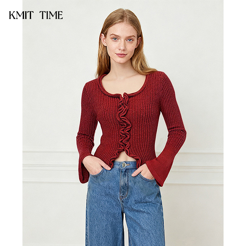 KNITTIME复古圆领木耳边针织